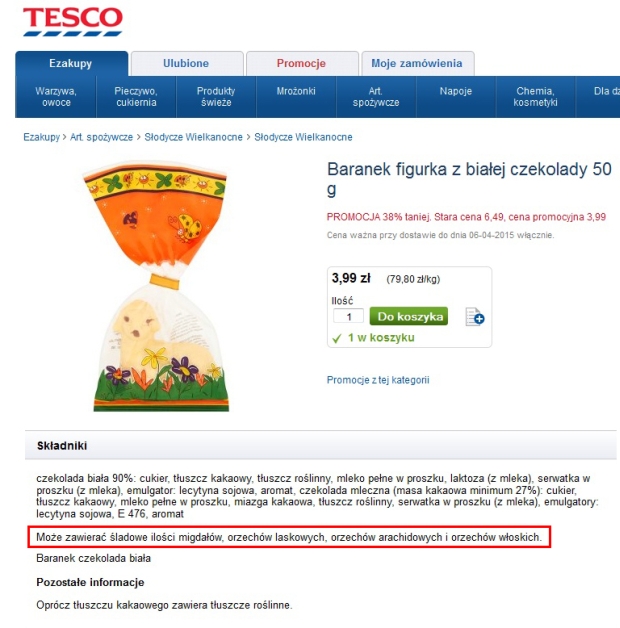 Tesco - baranek z czekolady, skład - alergeny